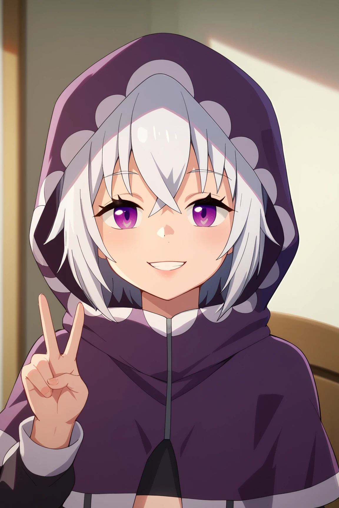 score_9, score_8_up, score_7_up, score_6_up, BREAK, TisseBHPXL, purple eyes, white hair, short hair, hair between eyes, small breasts, purple hood up, purple capelet, black crop top, long sleeves, suspenders, solo, front view, peace sign, (portrait, upper body), solo focuc, seductive smile, looking at viewer, indoors <lora:TisseBHPXL:1>