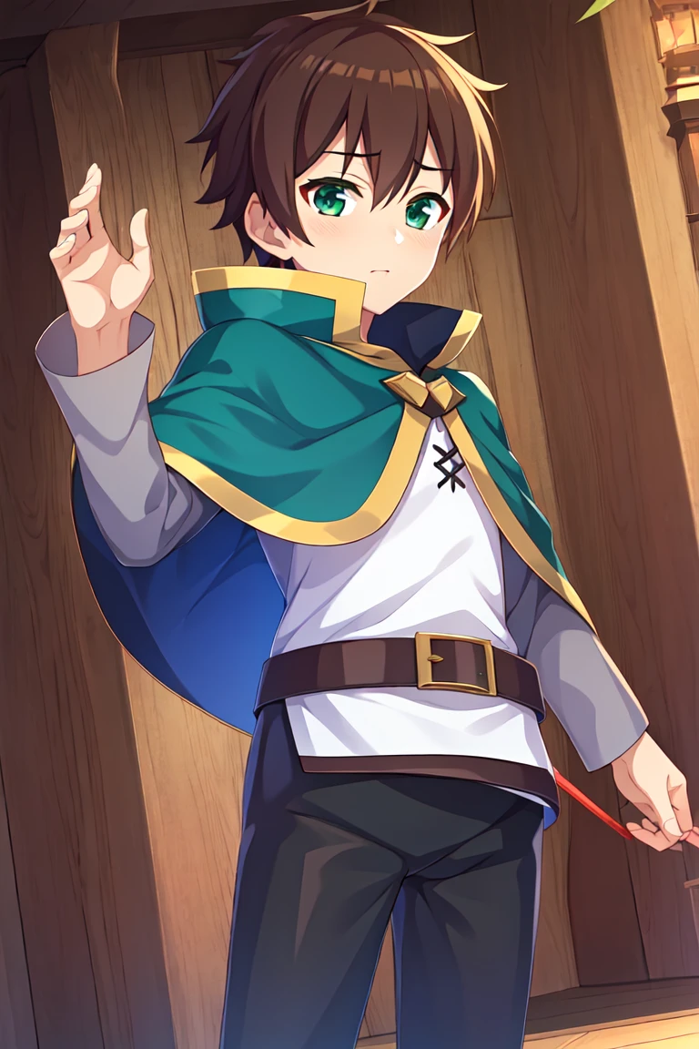 masterpiece, ultra details  <lora:KazumaE15v3:0.9>, kazuma-liver020-wattjpad, brown hair, 1boy, satou kazuma, solo, short hair, male focus, green eyes, belt, capelet, shirt, solo, cape, black pants, long sleeves, green cape, white shirt, small capelet, 1 man, shirt ornament