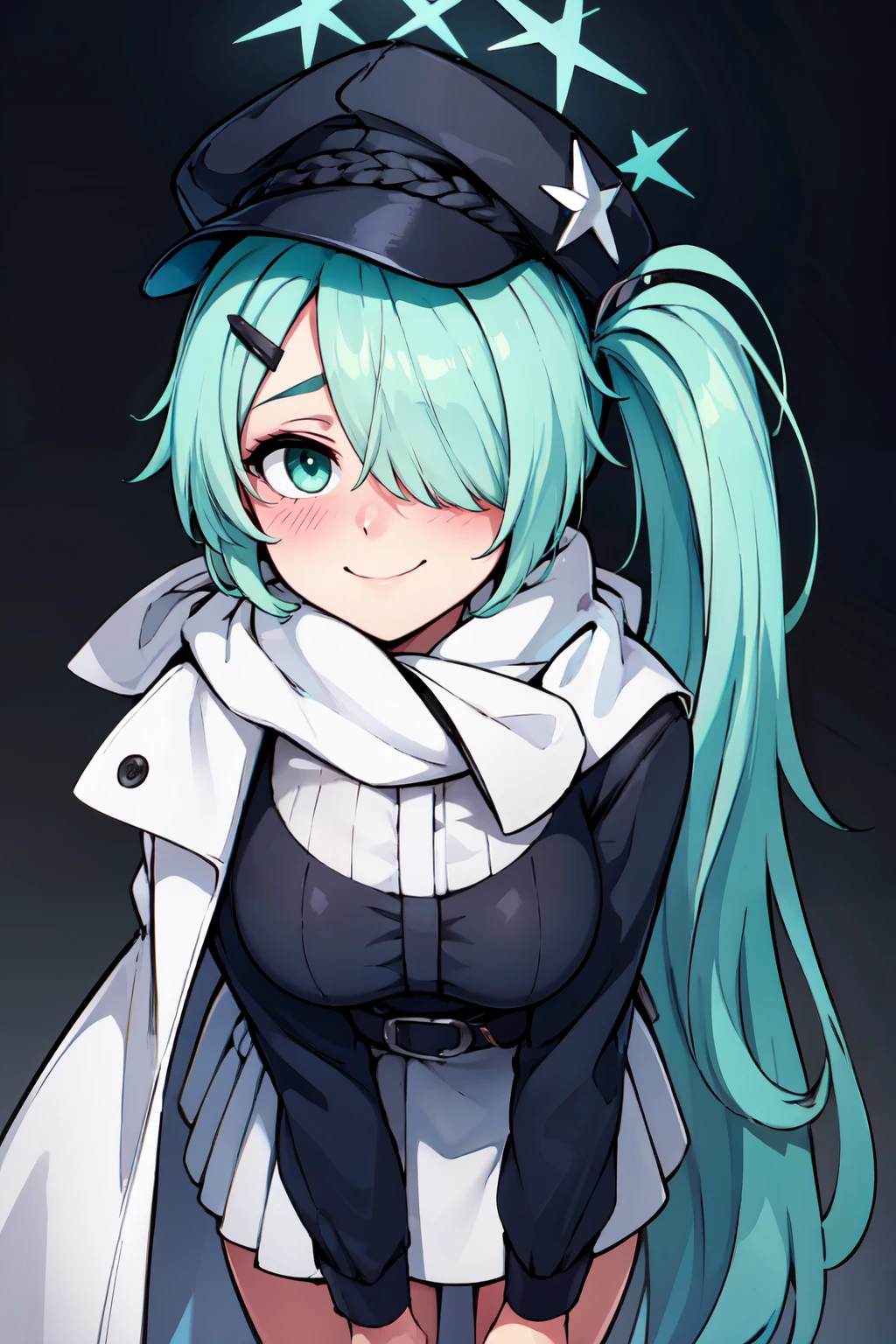 ((masterpiece,best quality)), absurdres,  BREAK, , <lora:Hiyori_BlueArchive_Citron:0.8>, zzHiyori, long hair, hair over one eye, side ponytail, hairclip, hair ornament, aqua hair, green eyes, black headwear, hat, cabbie hat, long sleeves, white skirt, belt, white scarf,, BREAK, leaning forward, head tilt, blush, upper body,, BREAK, solo, smile, looking at viewer, cowboy shot,