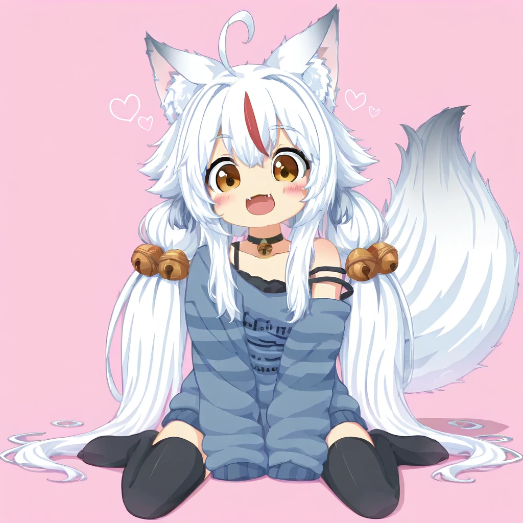 <lora:Style_pira6018:1>, score_9, score_8_up, score_7_up, source_anime, anime screencap, official style, 1girl, tail, animal_ears, virtual_youtuber, fox_ears, fox_tail, bell, thighhighs, white_hair, strap_slip, multicolored_hair, hair_ornament, sleeves_past_wrists, long_hair, streaked_hair, sitting, solo, :3, smile, black_thighhighs, wariza, sleeves_past_fingers, fox_girl, open_mouth, hair_bell, :d, off_shoulder, pink_background, choker, long_sleeves, ahoge, red_hair, jingle_bell, looking_at_viewer, camisole, sweater, brown_eyes, heart, black_choker, oversized_clothes, spaghetti_strap, very_long_hair, twintails, animal_ear_fluff, fangs, full_body, blush, petite, yellow_eyes, simple_background, no_shoes, fang, striped_sweater, bare_shoulders, black_camisole, hairclip, collarbone, ribbon, neck_bell