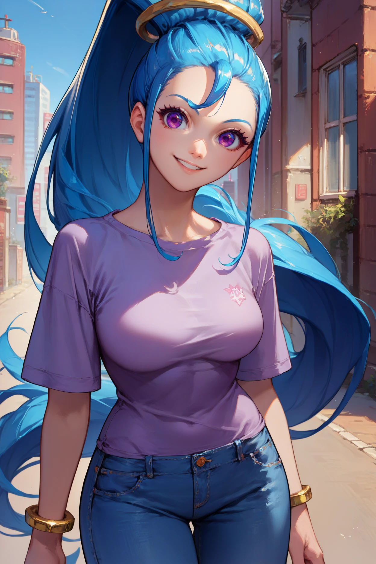 score_9, score_8_up, score_7_up, score_6_up, source_anime, 1girl, solo,  <lora:amazonpandora-pdxl-nvwls-v1-000005:1> pdra, blue hair, very long hair, high ponytail, purple eyes, large breasts, purple t-shirt, jeans, blue sky, city, gold bracelet, looking at you, happy