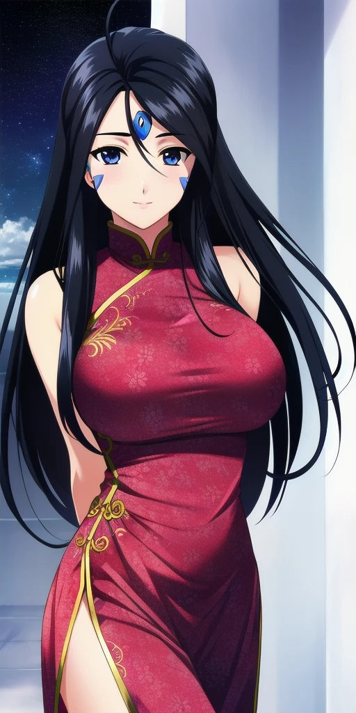 <lora:SkuldV3:0.7> skuld_(aa_megami-sama), huge_breasts, standing, solo, arms_behind_back, starry_sky, blue_facial_mark_forehead_mark, china_dress,, masterpiece, best_quality, detailed_face, detailed_eyes, highres, beautiful, detailed, absurdres,