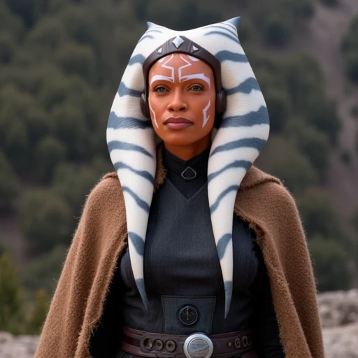 high-tech outfit, portrayed by actress Rosario Dawson. Ahsoka Tano  stands confidently, dressed in her iconic white and grey striped hooded cloak, black, light brown