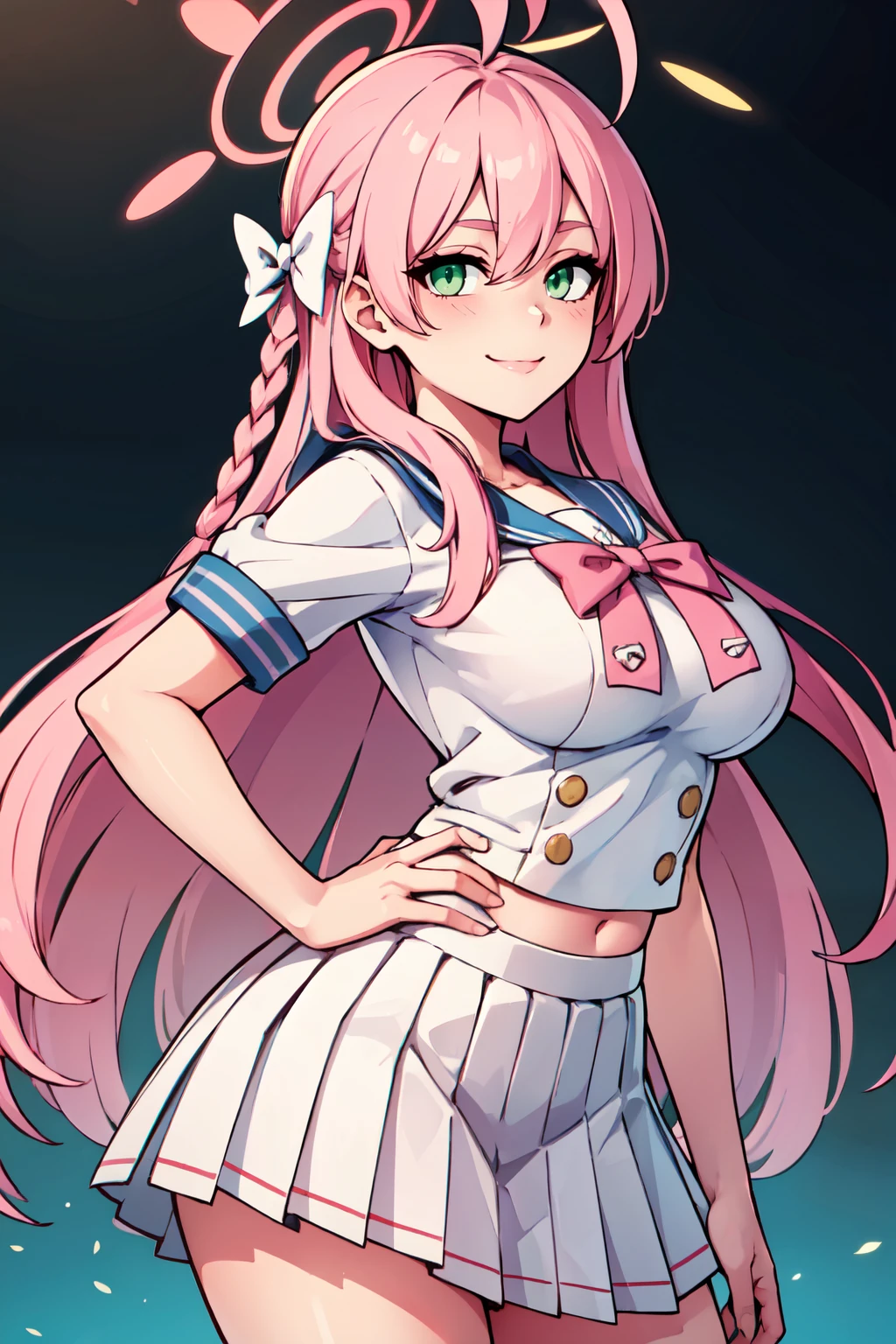 ((masterpiece,best quality)), absurdres,  BREAK, , <lora:Hanako_BlueArchive_Citron:0.8>, zzHanako, green eyes, pink hair, long hair, braid, halo, ahoge, large breasts, bow, white skirt, blue sailor collar, pink bow, pleated skirt, white serafuku,  , BREAK, hip to the side, hand on hip, contrapposto,, BREAK, solo, smile, looking at viewer, cowboy shot,