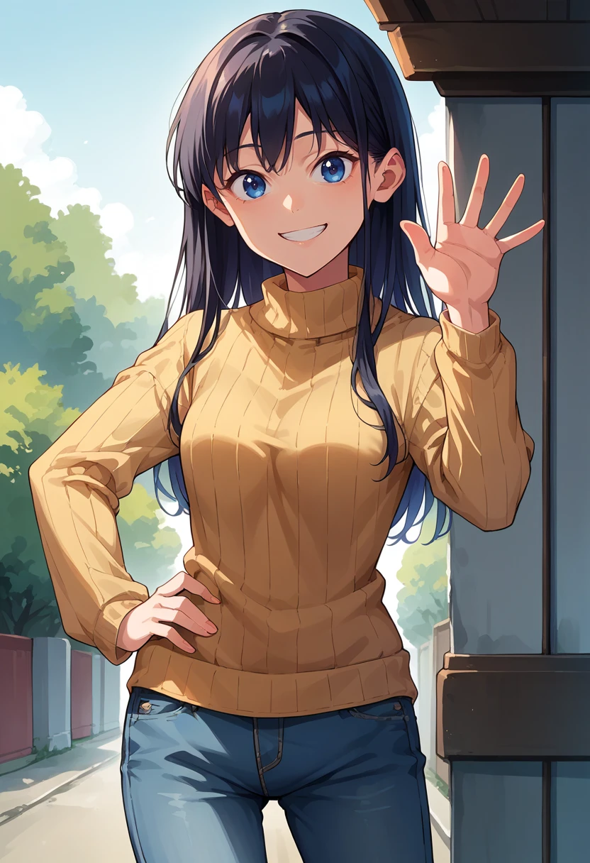 score_9, score_8_up, source_anime, 1girl, solo, RinNanakura, blue eyes, black hair, long hair, bangs, outdoors, sweater, ribbed sweater, jeans, hand on hip, waving at viewer, smile, <lora:ChamRinNanakuraPonyXL:1>