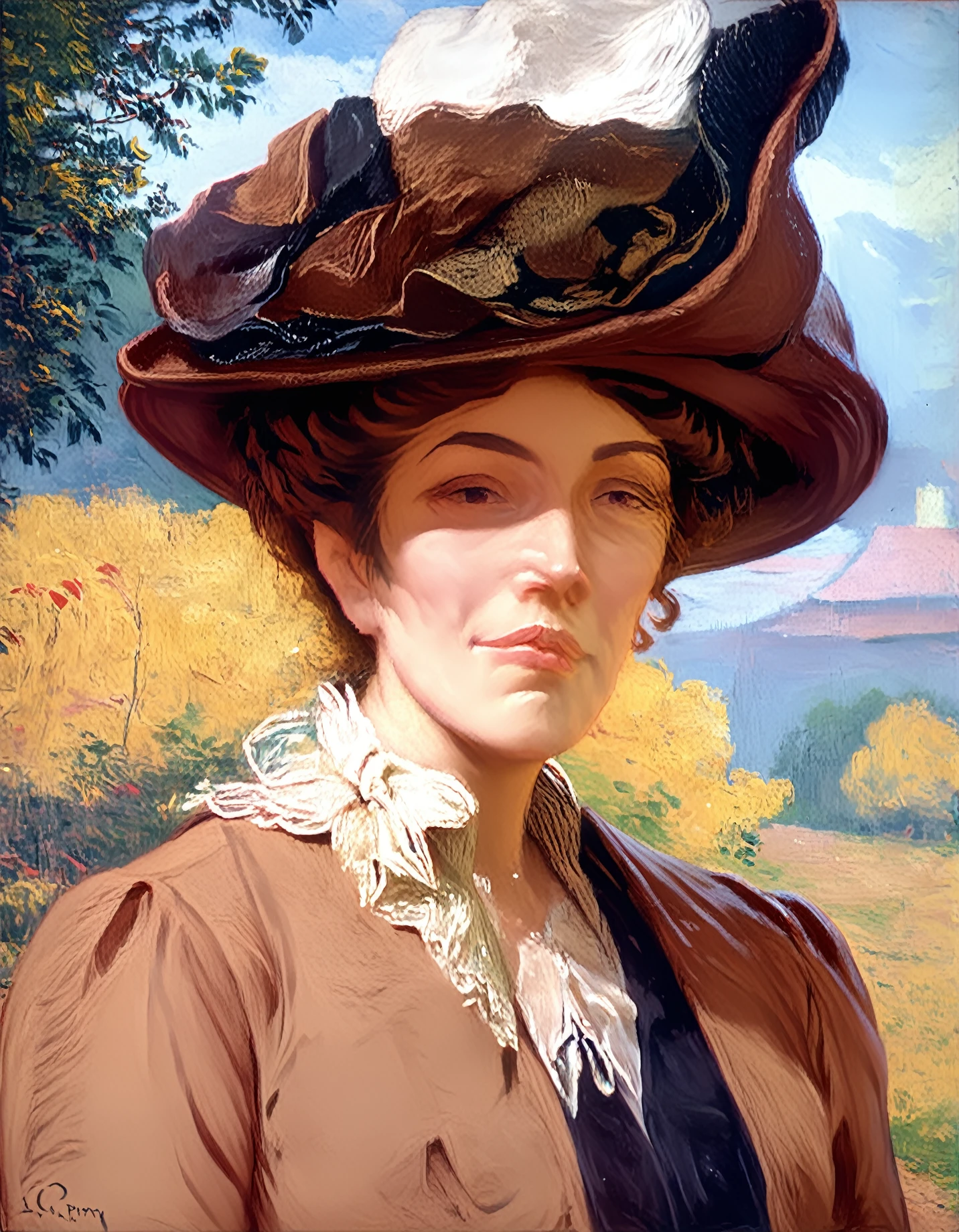 <lora:lilla-cabot-perry_pony_v1:1> ' woman with hat ' by cabot perry lilla in 1904,portrait \(genre\),impressionism \(style\),lady, score_9, score_6_up, score_7_up