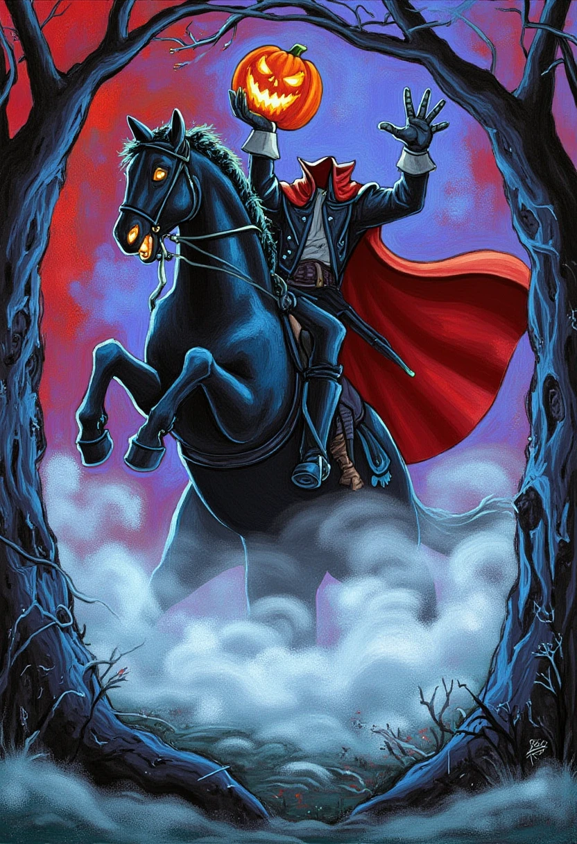 A dark horse rears up, illuminated by a glowing jack-o'-lantern held by its rider, who wears a bright red cape flowing dramatically in the wind. The background is filled with vibrant purples and blues, while eerie fog rolls across the ground. The art style is a bold, stylized painting with strong outlines, vivid colors, and a sense of movement reminiscent of classic horror illustrations.  <lora:headless_horseman_v10_rank32_bf16-step03000:1.4>, headless_horseman