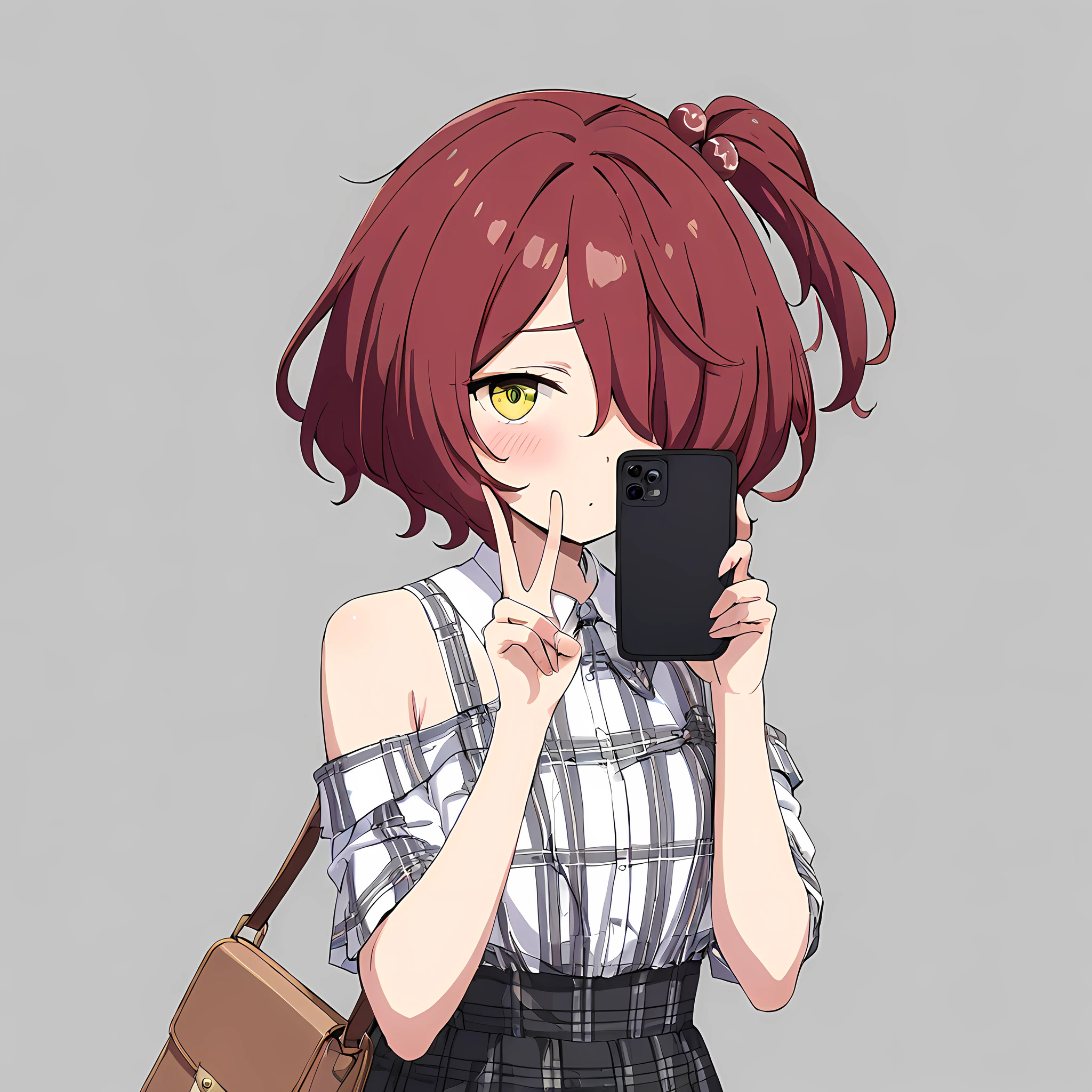 (1girl),solo,masterpiece,best quality,
phone,cellphone,bag,skirt,yellow eyes,red hair,v,white background,smartphone,hair ornament,shirt,simple background,holding,holding phone,hair bobbles,blush,short hair,plaid,handbag,hair over one eye,black skirt,looking at viewer,one side up,shoulder bag,bare shoulders,<lora:komari.V1 XL kohaku-zeta-000034:0.6>,