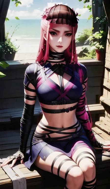 a determined female archer with pink hair and bangs, square cut hairstyle, big blue eyes, arrow holder on the back, wearing a short sleeveless green dress, green cape, barefoot, big leather belt, (best quality,4k,8k,highres,masterpiece:1.2),ultra-detailed,(realistic,photorealistic,photo-realistic:1.37),dynamic point of view,clash royale character,studio lighting,vivid colors,sharp focus