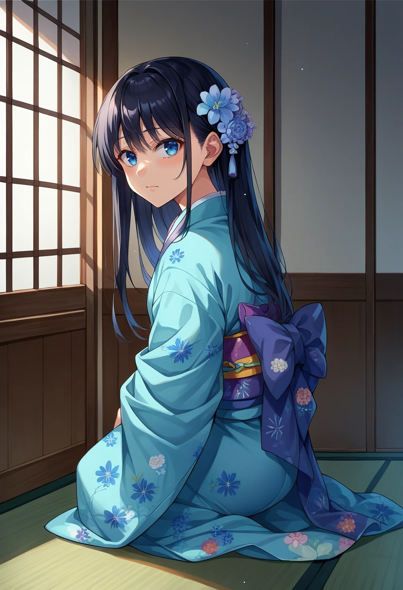 score_9, score_8_up, source_anime, 1girl, solo, RinNanakura, blue eyes, black hair, long hair, bangs, indoors, kimono, hair flower, floral print, wariza, kneeling, <lora:ChamRinNanakuraPonyXL:1>