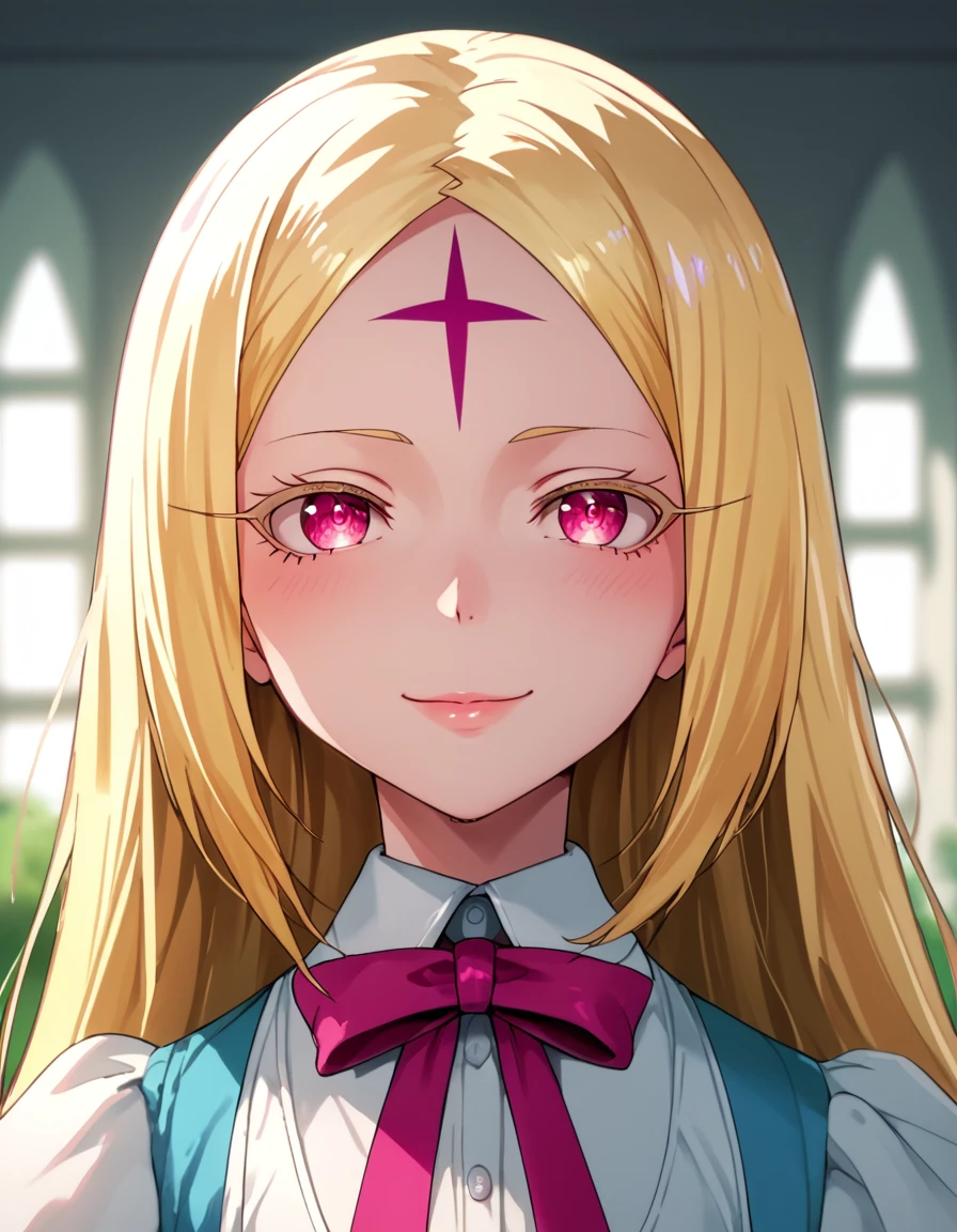 score_9, score_8_up, score_7_up, score_6_up, score_5_up, score_4_up, source_anime    <lora:GushingoverMagicalGirlsSet1:0.8>, soft smile, portrait,  NeroAlice, blonde hair, very long hair, pink eyes, forehead mark, white pantyhose,