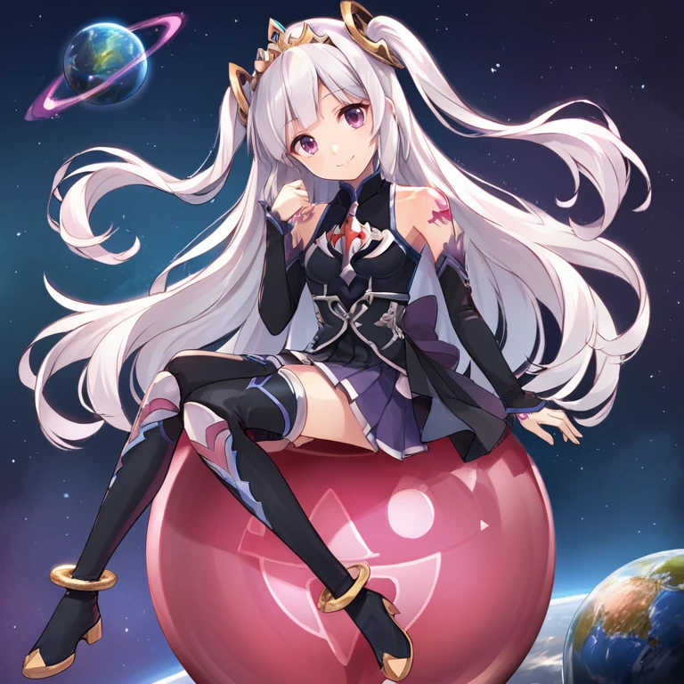 score_9, score_8_up, score_7_up, source anime, BREAK, sitting, sitting on orb,  <lora:Ivris:0.7> , ivdef, 1girl, long hair, very long hair, white hair, two side up, sidelocks, purple eyes, tiara, hair ornament, fake animal ears, bare shoulders, shoulder tattoo, sleeveless dress, halterneck,  long dress, black dress, high-low skirt, purple skirt, pleated skirt, skirt under dress, detached sleeves, black sleeves, sleeves past wrists, anklet, thighhighs, black thighhighs, boots,  looking at viewer, night, (space), floating,  <lora:backgroundsetXL:0.2> , background, (solo), smile, head tilt, <lora:hand 4:0.4> , Hand, hands, perfect hands,  <lora:0ut3rsp4c3XLP:0.3> , 0ut3rsp4c3, star (sky), planet,