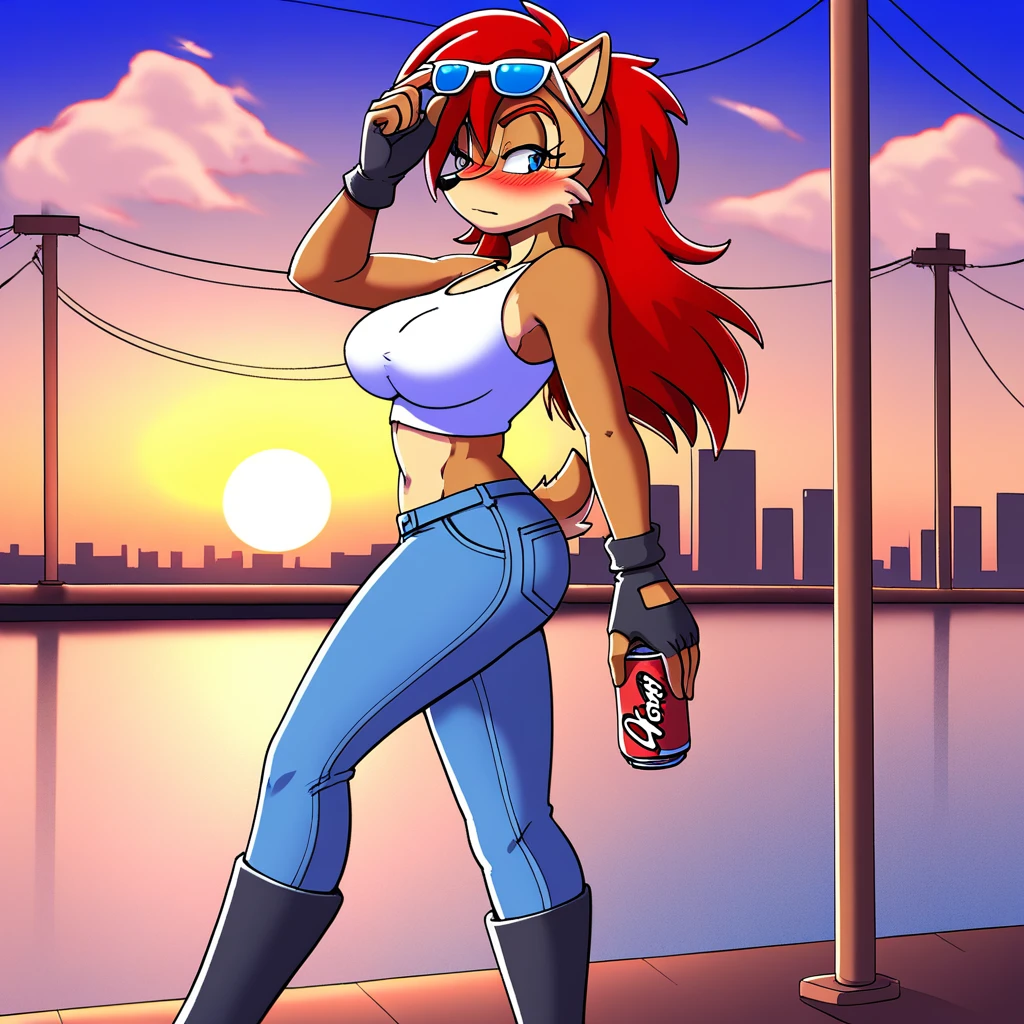 score_9, score_8_up, score_7_up, source_anime, detailed, masterpeice, (detailed background), background bridge, furry, 1girl, solo, anti sally acorn, tall female, brown fur, red hair, tokyo \(city\), (detailed city), two-tone fur, long hair, holding soda, black boots, blue eyes, chipmunk girl, breasts, soda can, tail, blush, eyewear on head, sunglasses, sunset, cloudy, half-closed eyes, large breasts, fingerless gloves, walking, torn jeans, crop top, midriff,
<lora:Anti_SallyMoebiusPrincess_Alicia_for_PONY_XL:0.8>