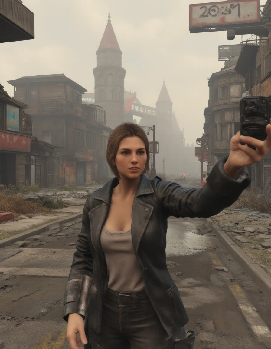 <lora:Fallout_4_flux-000010:1>,the image features a woman doing a selfie in a post apocalyptic, dystopian cityscape,