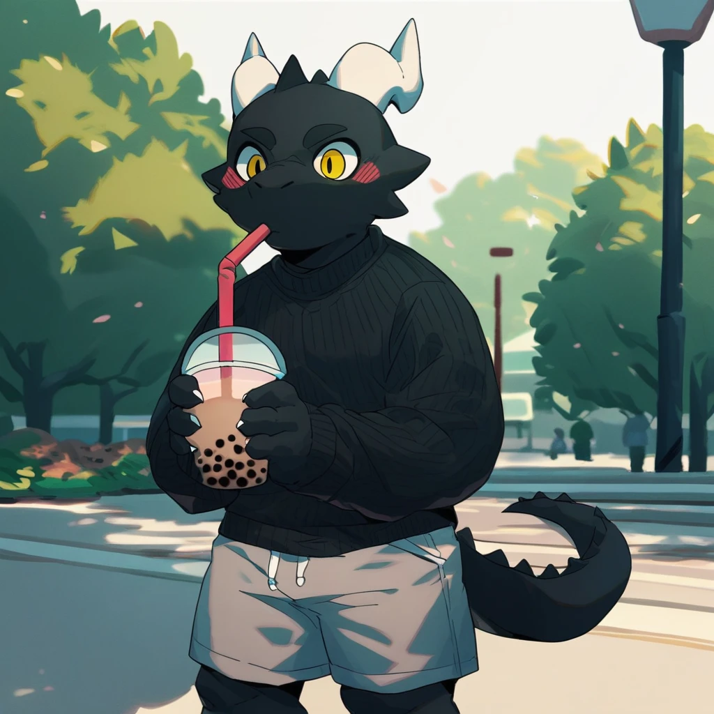 score_9_up, score_8_up, score_7_up, source_furry, mikus-kounfuyu, black dragon, black body, white horns, yellow eyes, park, holding, bubble tea, black sweater, gray shorts, 1boy, solo