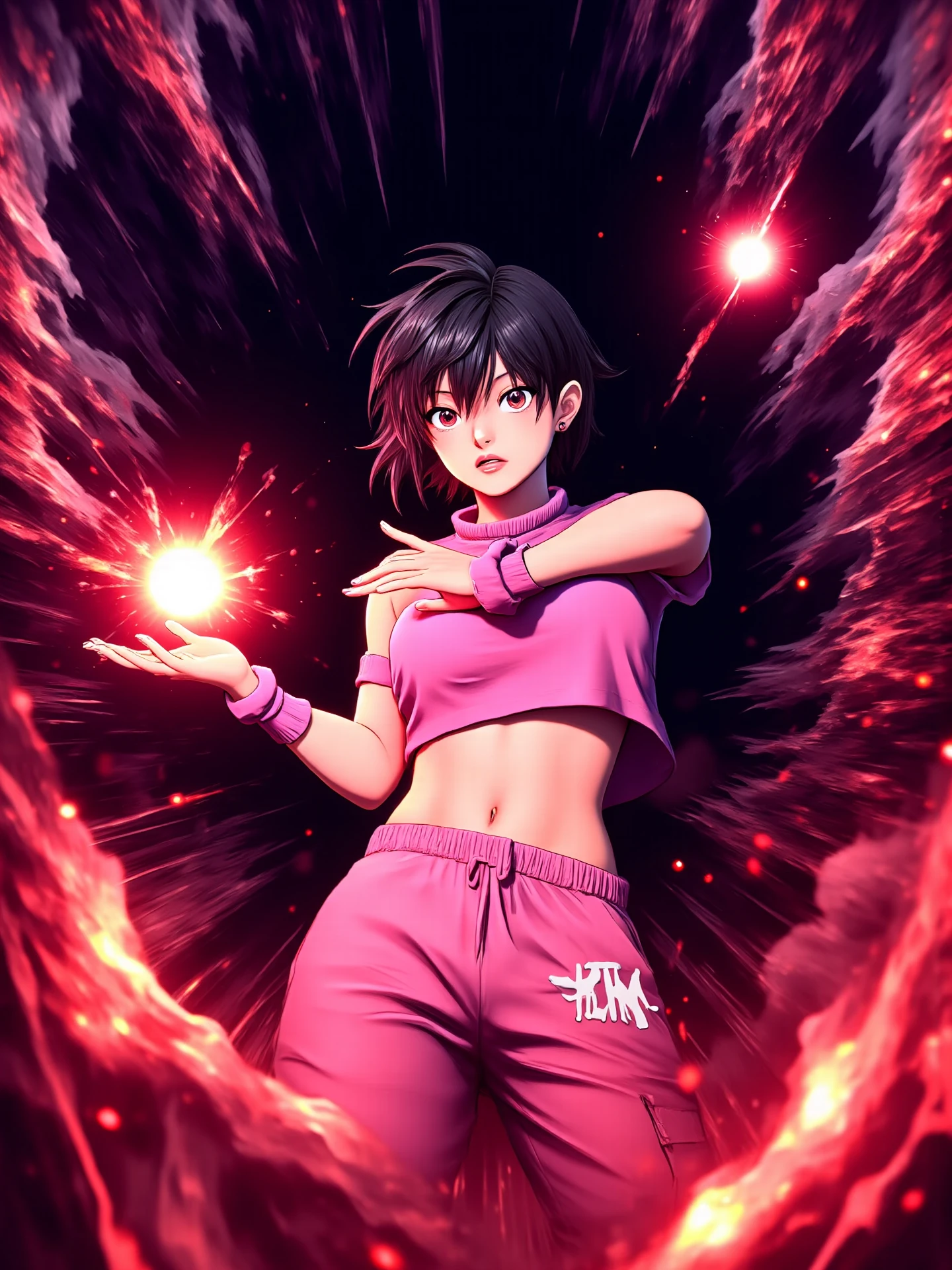 (anime illustrations:1.5),(professional Anime style 3D model:1.8),<lora:FLUX_HANNI:1.2>,This is a digital drawing in anime style,featuring a female character with an athletic and confident stance,She has short spiky black hair with bangs and a determined expression with piercing,intense eyes,thick lips,Her outfit consists of a tight pink strapless top that reveals her toned abdomen and loose fitting high-waisted pink pants that fall to her ankles,She wears matching pink wristbands and has a small white belt around her waist,One of her hands is placed on her hips,emphasizing her confidence,
The background is a dynamic and abstract mix of dark and light tones with shades of purple and black dominating the scene,Rays of light or energy of a deep,bright red radiate from the left and right sides adding a sense of movement and intensity to the image,The character's stance and energy rays suggest that she is in the middle of a battle or a powerful moment launching a flaming ball of energy from her hand towards the viewer,the glowing sphere comes out of the The woman's body approaching the viewer leaving a trail of smoke and sparks,The drawing style is bold and vibrant with sharp lines and intense colors in the style of Akira_Toriyama/Dragon_Ball_Z/) that give the image a sense of depth and dynamism,The overall atmosphere is one of action and determination,<lora:Dever_Flux_Enhancer:1>,<lora:NamekXL32:1>,<lora:Anime_detail_eye:1>,