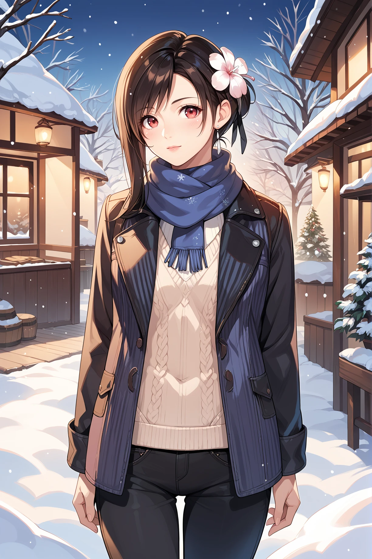 score_9, score_8_up, score_7_up, score_6_up, score_5_up, score_4_up,anime source,
 glamour(tifa) ,1girl, short hair, hair flower, ponytail, 
sweater, scarf,pants
outdoors, snow,<lora:Glamour(tifa)XLPony:0.8>