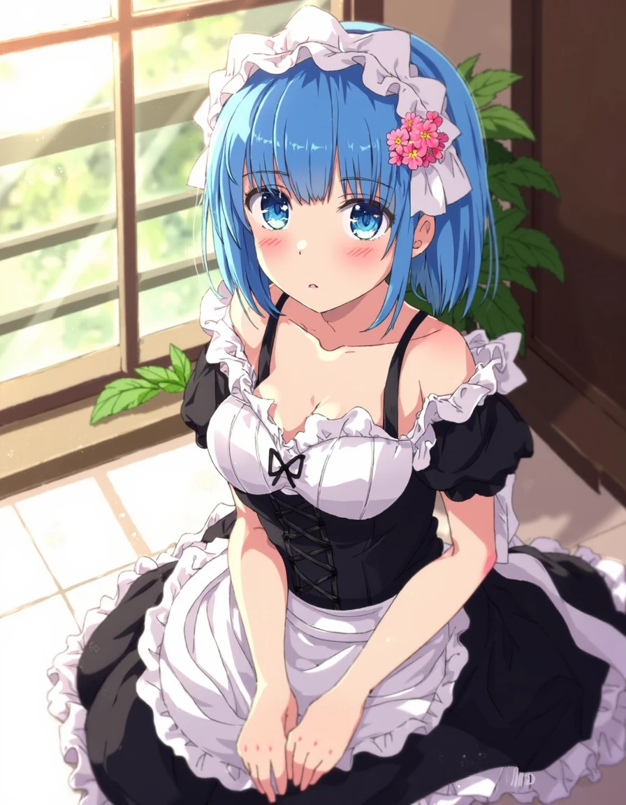 a young woman with a fair complexion and a delicate, feminine appearance. She has short, straight, blue hair that reaches her shoulders, adorned with a white ribbon headband decorated with small, pink flowers. Her large, expressive blue eyes are framed by long lashes, and she has a blushing, slightly bashful expression on her face. She is dressed in a traditional French maid outfit, which includes a black dress with white frills and a white apron tied around her waist. The dress is off-shoulder, revealing her pale skin, and has a black ribbon corset-style lacing up the front. Her hands are placed gently on her lap, and she is seated on a light-colored floor, possibly marble, with a green plant in the background adding a touch of nature. The setting appears to be a bright, sunlit room with large windows in the background, allowing natural light to flood the scene. The overall tone of the image is warm and inviting, with soft, pastel colors and detailed shading that enhances the textures and highlights of her outfit and the background elements.