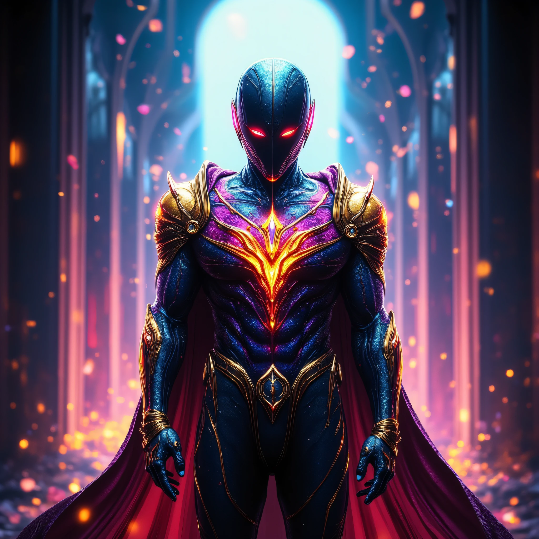 ArsFriends, A battle-worn superhero with glowing armor and a flowing cape, standing in front of a ruined cathedral bathed in neon light, energy crackling around