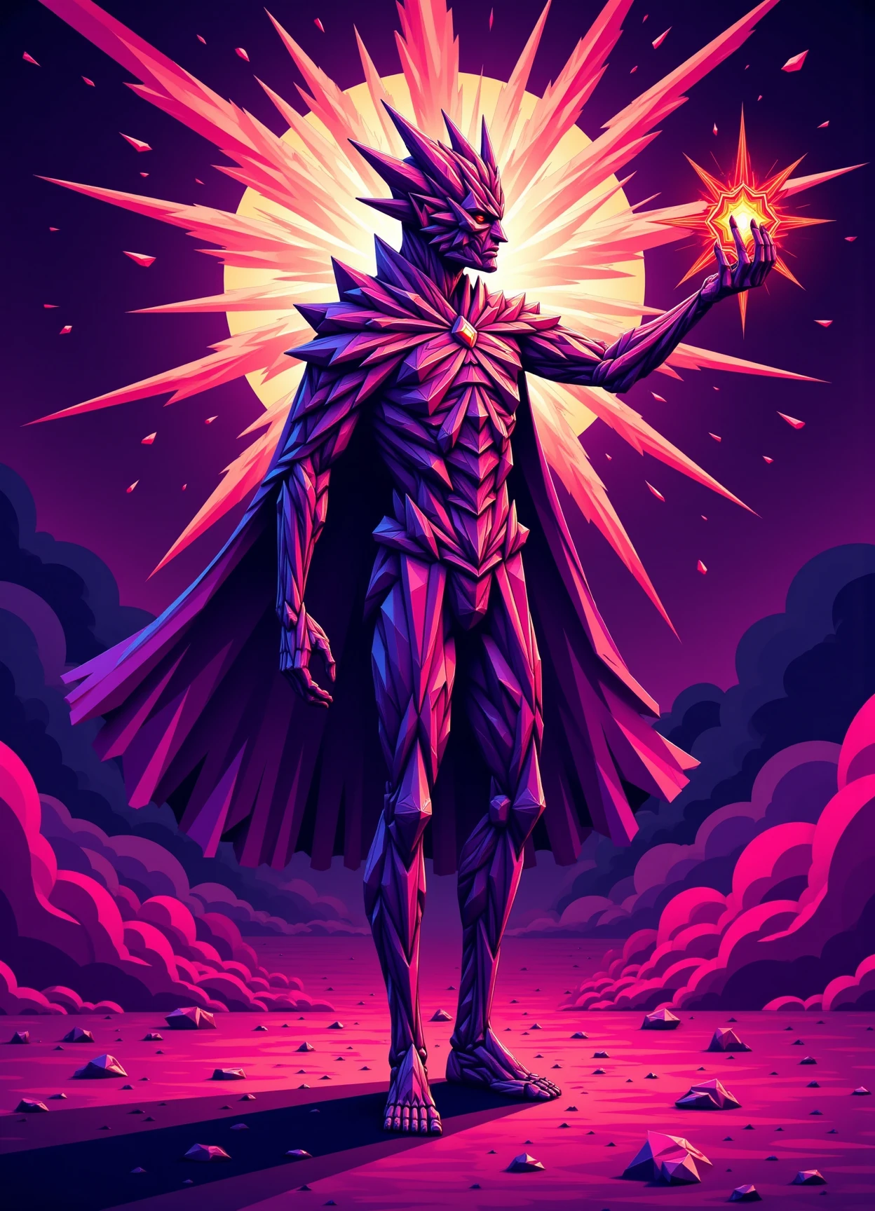 sfw,digital illustration, geometric, polygons ,  male sun priest  Performing bewitchery shaped like Web of magenta void magma and creating illusions