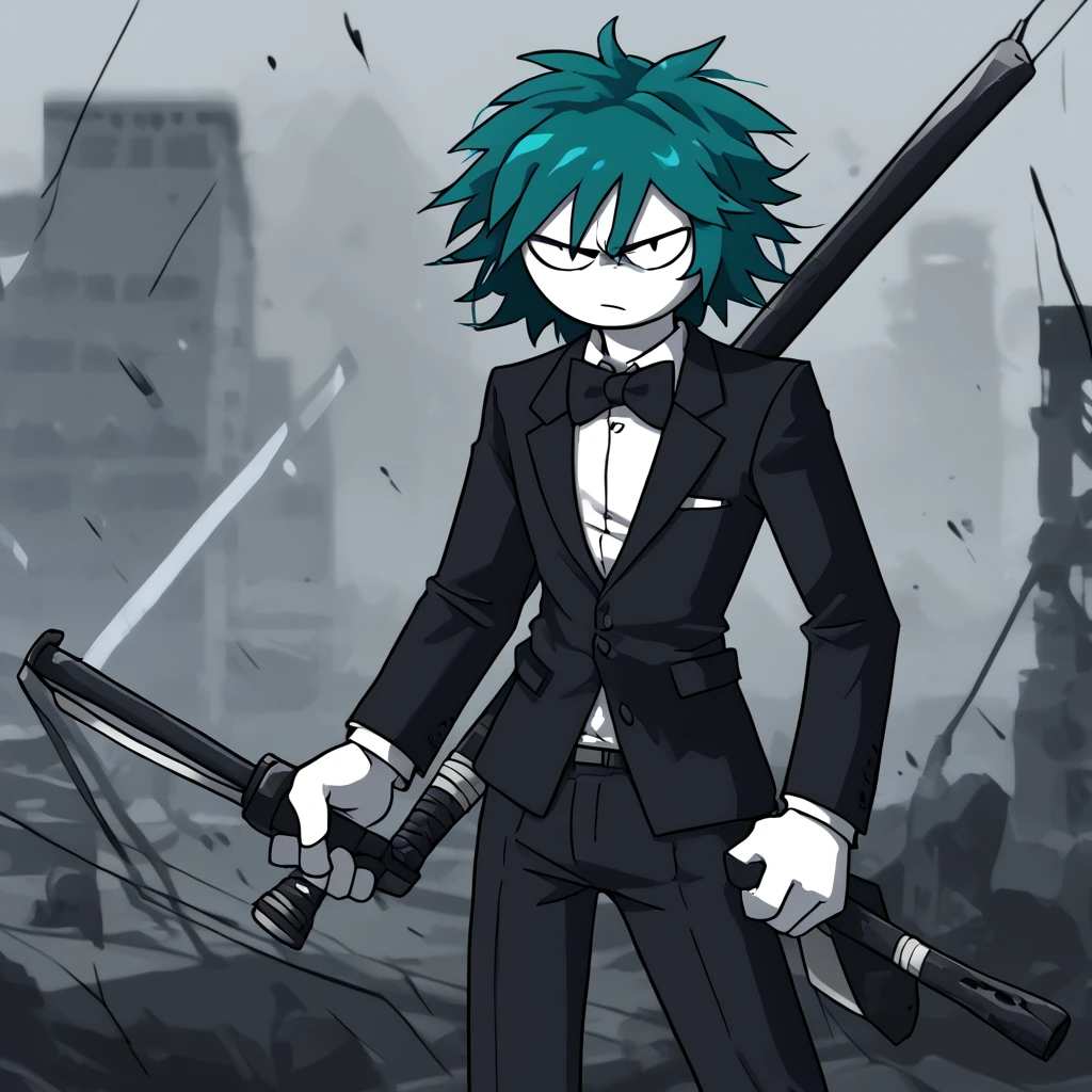 solo
 <lora:MarikinOnline4_Numas:1> numaspecies, colored skin, white skin, stickman, weapon, serious, formal suit and pants, bowtie, messy hair, teal hair