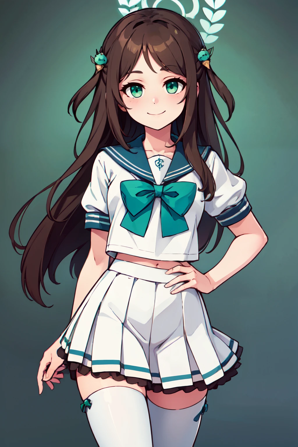 ((masterpiece,best quality)), absurdres,  BREAK, , <lora:Airi_BlueArchive_Citron:0.8>, zzAiri, green eyes, brown hair, long hair, hair ornament, halo white serafuku, blue sailor collar, green bow, white skirt, black frills, white thighhighs , BREAK, hip to the side, contrapposto, cowboy shot,, BREAK, solo, smile, looking at viewer, cowboy shot,