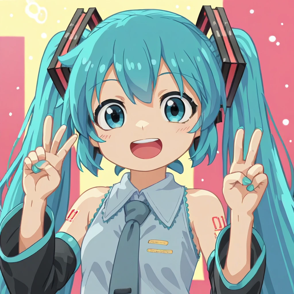 <lora:Style_pira6018:1>, score_9, score_8_up, score_7_up, source_anime, anime screencap, official style, looking at viewer, 1girl, hatsune miku, blue eyes, smile, open mouth, :d, blue hair, Peace sign,