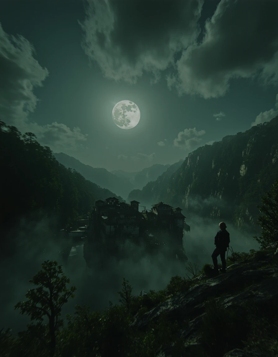  The image portrays a serene night scene set in a valley with a full moon illuminating the landscape. The sky is dark and filled with clouds, creating a dramatic backdrop for the moon. Below, the valley is dotted with buildings that appear to be small towns or villages. These structures are scattered across the landscape, some closer to the viewer than others. The ground is covered in mist, adding a sense of mystery to the scene. In the foreground, there's a figure standing on a hill, looking out towards the moonlit valley. This person appears to be alone, providing a sense of solitude to the image. The overall color palette is dominated by shades of green and gray, contributing to the tranquil and somewhat melancholic atmosphere of the scene. . pandoraday