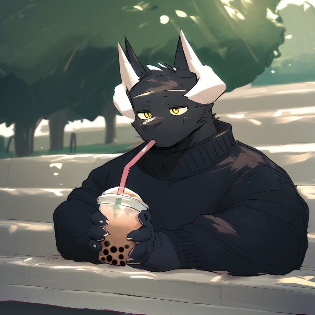 score_9_up, score_8_up, score_7_up, source_furry, mikus-nico26b, black dragon, black body, white horns, yellow eyes, park, holding, bubble tea, black sweater, gray shorts, 1boy, solo