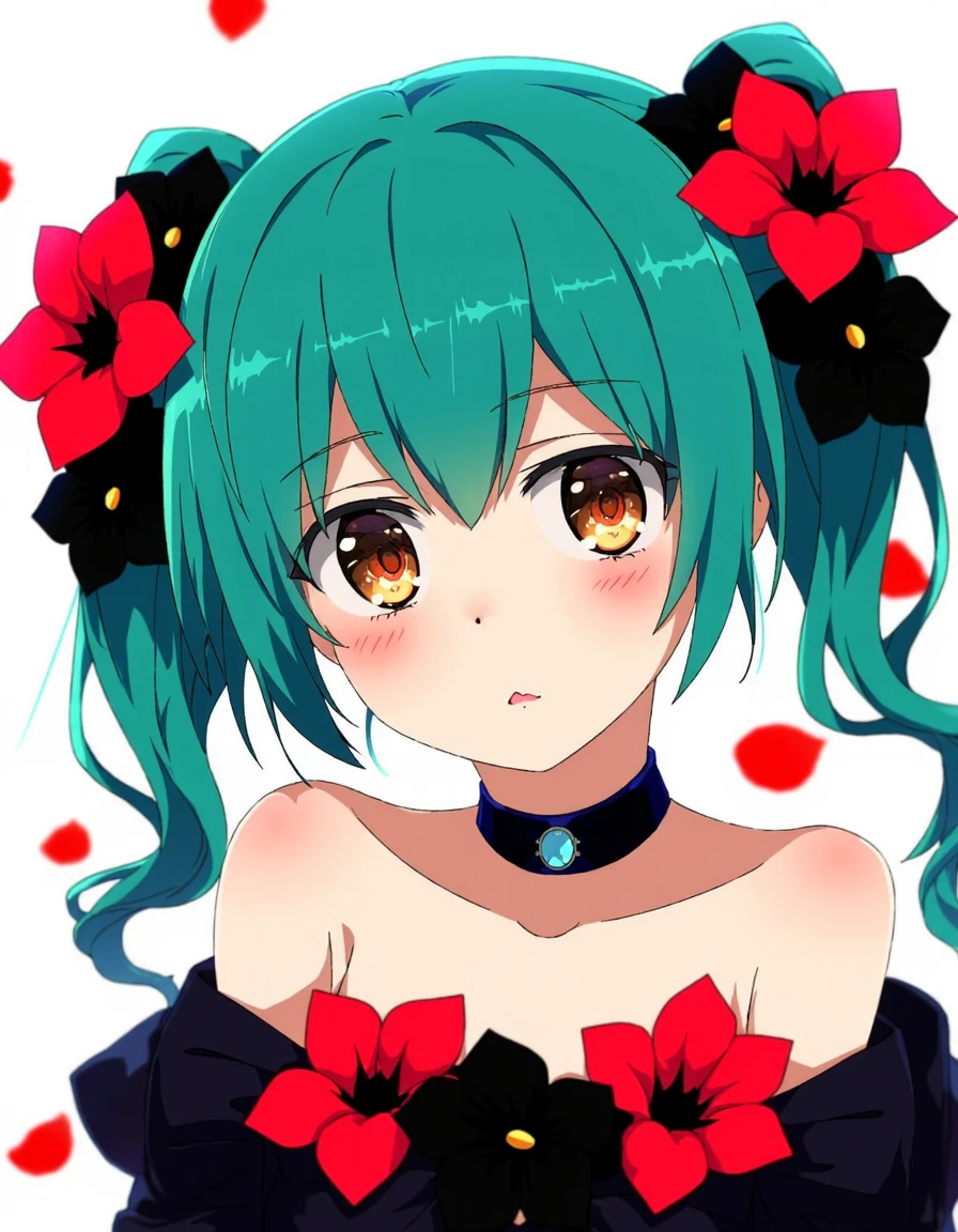 a young woman with a striking appearance. She has large, expressive golden-yellow eyes with a slight upward tilt, giving her a friendly and curious expression. Her skin is fair with a delicate blush on her cheeks, adding a youthful charm to her face. Her hair is teal and styled into twin pigtails adorned with large, red and black flowers, giving a playful and whimsical look. 

The woman is wearing a black choker with a small, blue gem at the center, which contrasts with her light-colored attire. She has a slender build, and her shoulders are bare, revealing a strapless black dress that is adorned with more red and black flowers, enhancing her overall appearance. The background is a soft white, with scattered red petals floating around her, creating a dreamy, ethereal atmosphere. 

The artwork is characterized by clean lines and bold, vibrant colors, typical of modern anime illustrations. The overall style is highly detailed and polished, with a focus on the character's expressive features and the dynamic composition, which draws the viewer's attention to her face and flowers.