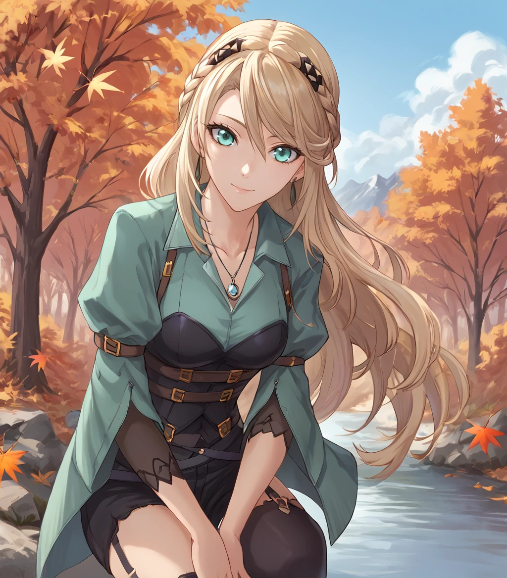 score_9, score_8_up, score_7_up,
1girl, solo,
<lora:ElaineAuclairKai:0.9> Elaine Auclair, aqua eyes, blonde hair, long hair, braid, hair ornament, medium breasts, earrings, pendant, green jacket, black corset, belt, single glove, black shorts, black thighhighs, garter straps, white high heels,
upper body, portrait, looking at viewer,  happy, smile, hands on knees,
outdoors, distant mountain, autumn, sky, trees, leaves, stream,
<lora:LDART_style_pony_v3:0.7>,, <lora:Racoonkun_Artist_Style:0.4>, racoonsan,,