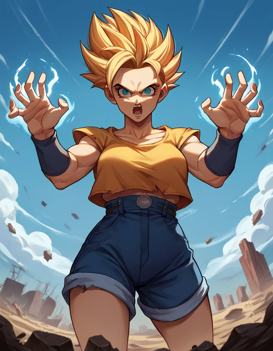 score_9, score_8_up, score_7_up, source_anime, <lora:super-saiyan-ponyxl-lora-nochekaiser:1>, super saiyan, spiky hair, aura, open mouth, closed hands, shouting, breast, 
<lora:high-waist-shorts-ponyxl-lora-nochekaiser:1>, high-waist shorts,
wasteland, sky, blue sky, clouds,, cowboy shot, dutch angle, looking at viewer,