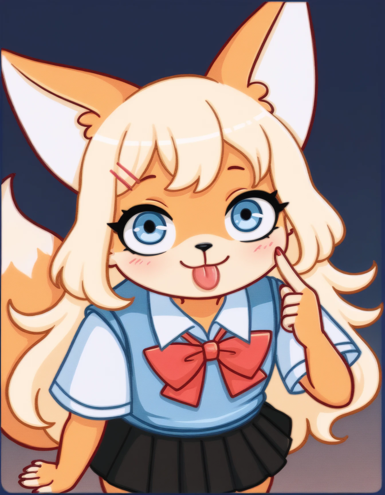 score_9, score_8_up, score_7_up, score_6_up, score_5_up, score_4_up, girl
Sakura, orange fox, blonde long hair, blue eyes, white shirt, animal ears, blue vest, red bow, black skirt, fox tail, akanbe, tongue out, eyelid pull, finger to eyelid, portrait<lora:akanbe-XL-V1:1>
 <lora:Sakura_XL:0.9>