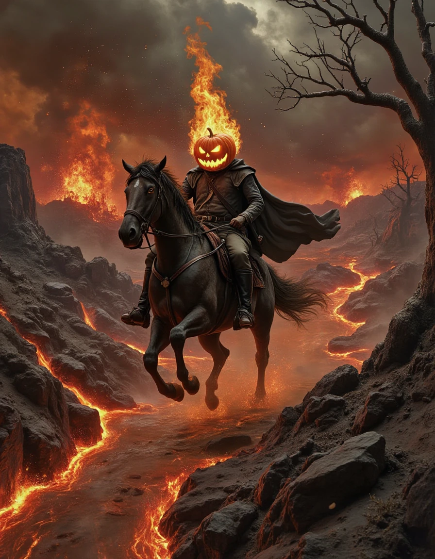 headless_horseman riding a flaming horse through a volcanic wasteland, rivers of molten lava flowing on either side. The riderâs pumpkin head is engulfed in flames, and ash falls from the sky like snow. Apocalyptic with strong use of reds and oranges, and detailed textures on the molten landscape. headless_horseman, <lora:headless_horseman_v11:1>,