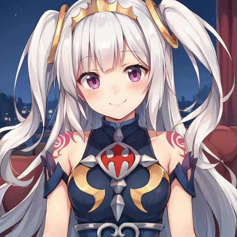 score_9, score_8_up, score_7_up, source anime, BREAK, <lora:Ivris:0.8> , ivdef, 1girl, long hair, very long hair, white hair, two side up, sidelocks, purple eyes, tiara, ring hair ornament, bare shoulders, shoulder tattoo, halterneck, looking at viewer, night, living room, (face), (close-up), blush, smile, <lora:backgroundsetXL:0.2> , background, solo,