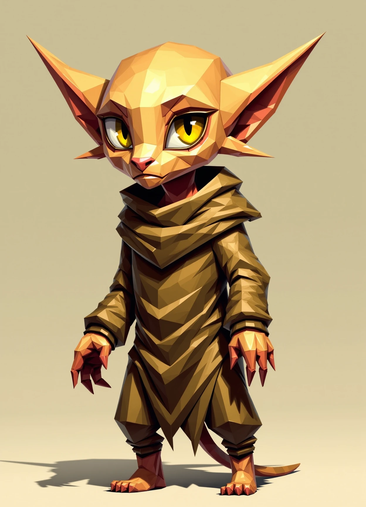 sfw,digital illustration, geometric, polygons ,  female  house elf, small humanoid being, large pointed ears, brown earth toned simple tattered clothing, subservient humble demeanor, large expressive eyes, magical, loyalty, dedication, strong sense of duty