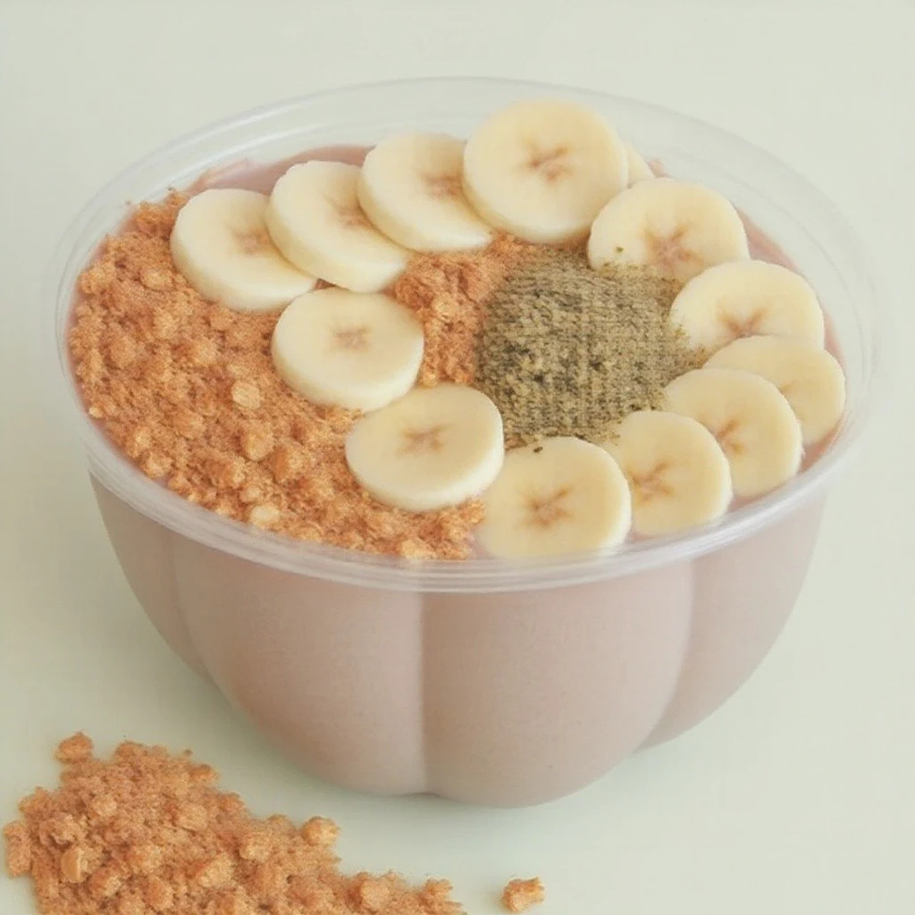 sks smoothie bowl made with almond milk, peanut butter, topped with banana slices, granola, and hemp seeds V1
