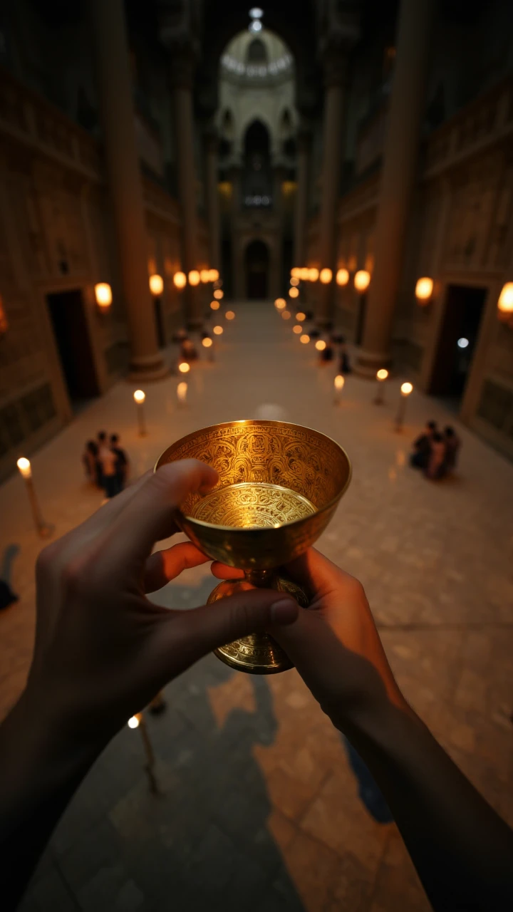 Two hands, one holding a golden chalice filled with shimmering liquid, the other gently tracing the intricate patterns etched into the surface of the cup. The backdrop is a grand, ancient hall with towering pillars and flickering torches casting long shadows across the stone floor.   , aidmaHandsPOV