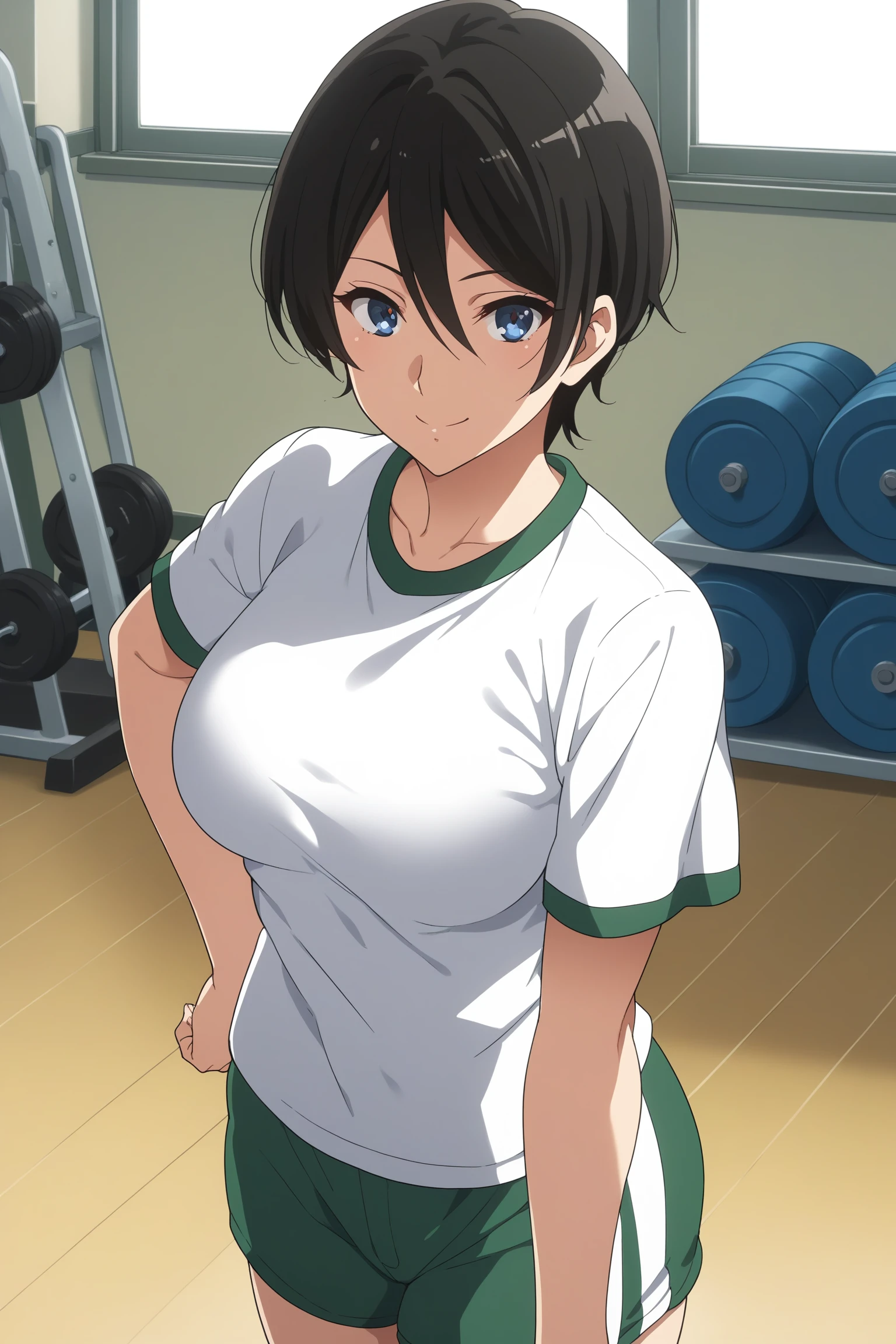 score_9, score_8_up, score_7_up, score_6_up, score_5_up, source_anime, rating_safe, medium breasts, indoors, gym, 1girl, solo, looking at viewer, <lora:age_slider_v4:2>, suzuki mirei, short hair, hair between eyes, blue eyes, gym uniform, white shirt, green pants, short shorts, white kneehighs, sneakers, <lora:Mirei_Suzuki:0.8>, smile, dynamic pose,