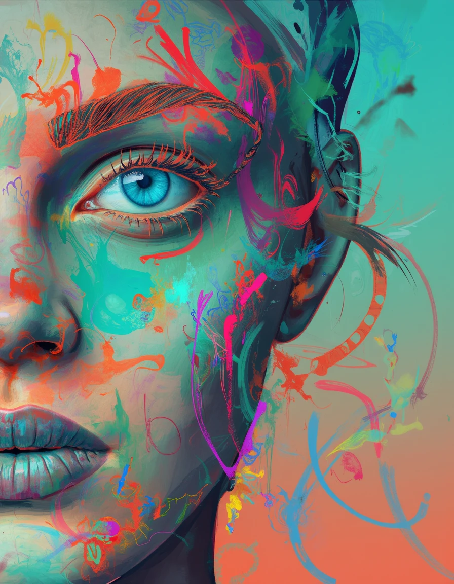 arna, face, view from side, blue eyes, blue outline around eyes, orange and red outline around eyebrows and head, long eye lashes, teal green and faded orange gradient background, fractal patterns