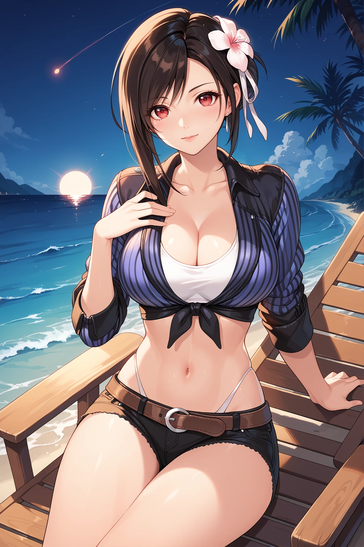 score_9, score_8_up, score_7_up, score_6_up, score_5_up, score_4_up,anime source,cowboy shot, 
 1girl, short hair, hair flower, ponytail, tifa lockhart, 
ocean,night,hand on own chest,sitting on beach chair, outdoors,
glamour(tifa),black shirt,striped shirt,cleavage,midriff, short shorts, hair flower,belt,white highleg panties, 
<lora:Glamour(tifa)XLPony:0.8>