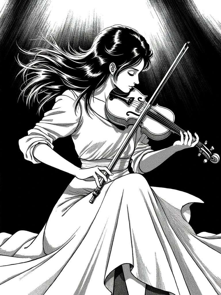 Hoko, a black and white painting of a young female violinist performing on stage. Her eyes are closed in deep concentration, chin resting gently on the violin. Her long, flowing dress cascades around her feet, creating intricate folds and shadows. The bow moves gracefully across the strings, and you can almost hear the music. Overhead stage lights cast dramatic shadows, highlighting the curves of the violin and the determined expression on the musician's face.