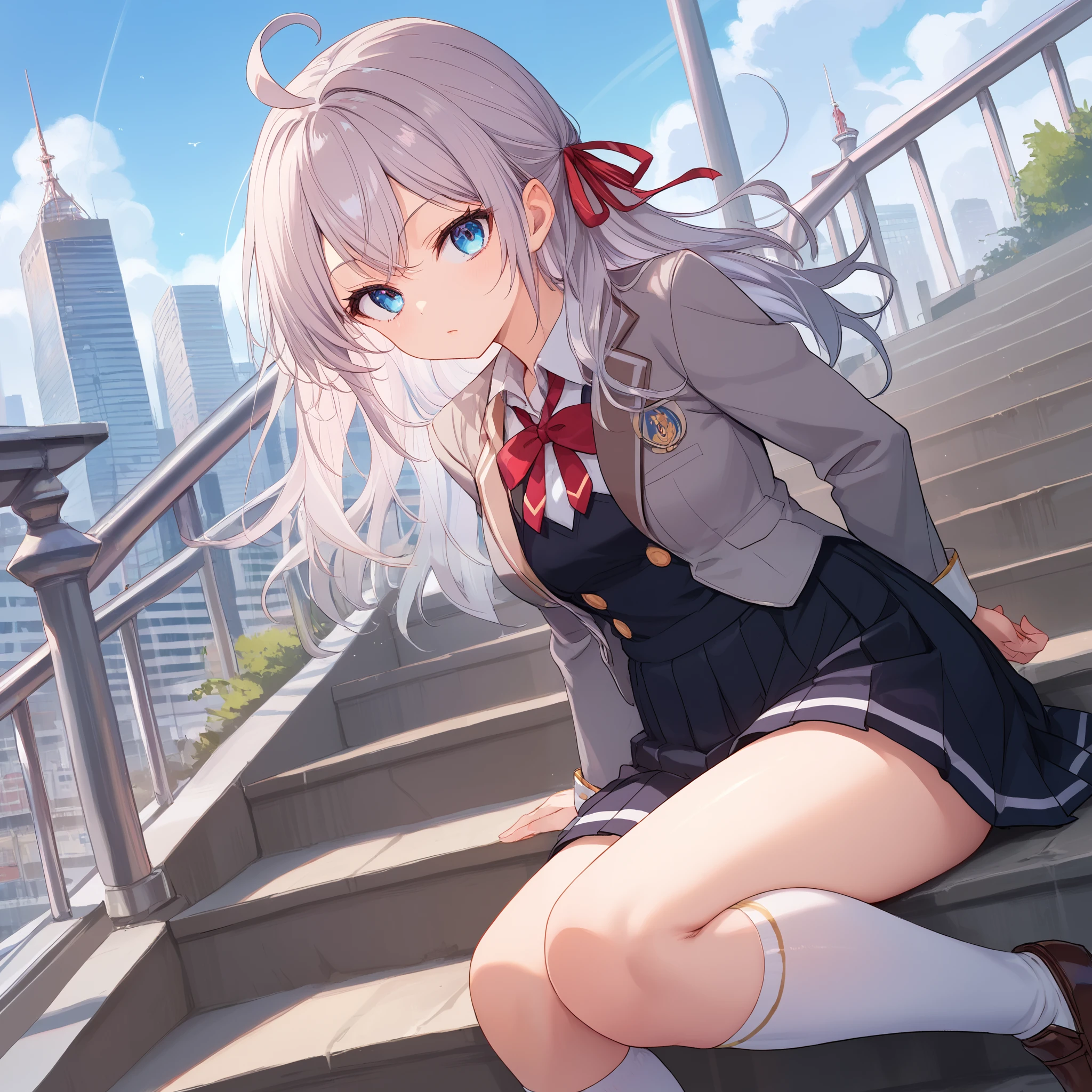 score_9, score_8_up, score_7_up, score_6_up, score_5_up, score_4_up, BREAK source_anime, look at viewer, rating_safe, 1girl, solo, outdoors, city, full body, sitting, on stairs, masterpiece, best quality, high detailed skin,  alisa mikhailovna kujou, long hair, grey hair, ahoge, hair ribbon, blue eyes, seiren school uniform, white shirt, grey jacket, long sleeves, red ribbon, pleated skirt, black skirt,  open clothes, blazer, white thighhighs,