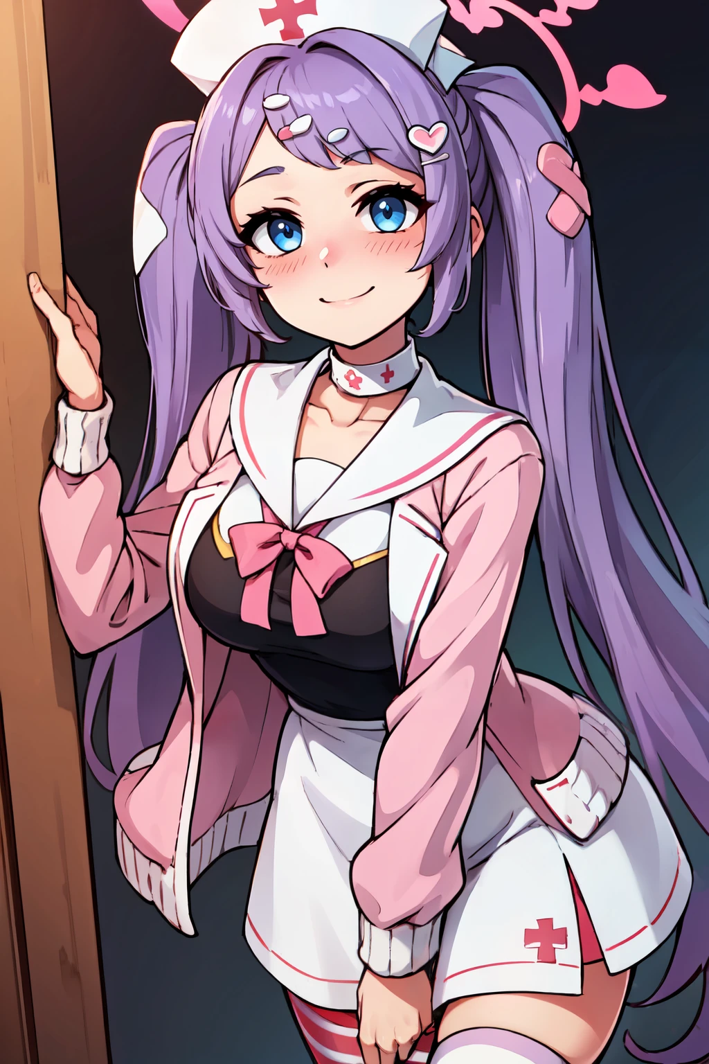 ((masterpiece,best quality)), absurdres,  BREAK, , <lora:Hanae_BlueArchive_Citron:0.8>, zzHanae, blue eyes, purple hair, long hair, twintails, halo, hair ornament, hat pink jacket, white sailor collar, mismatched legwear, striped thighhighs, nurse outfit, white dress , BREAK, leaning forward, head tilt, blush, upper body,, BREAK, solo, smile, looking at viewer, cowboy shot,