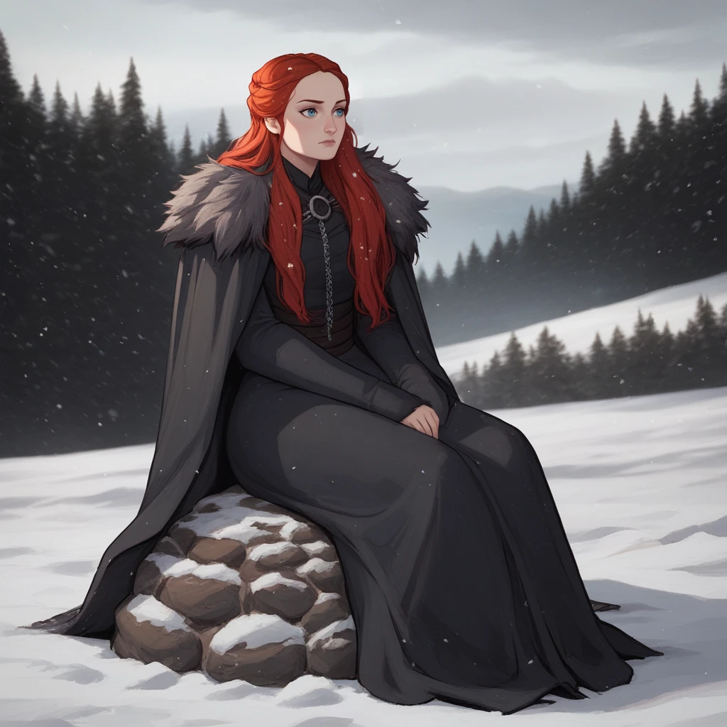 score_9_up, score_7_up, BREAK, SansaStark, 1girl, solo, long hair, red hair,  blue eyes, black dress, fur trim, cape, sitting on rock, outdoors,  <lora:SansaStark_PXL_Leaf1:0.8>, snow,