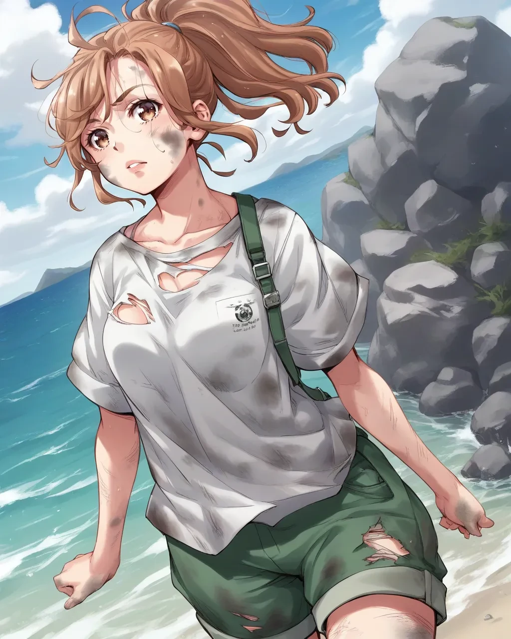 score_9,score_8_up,score_7_up,best quality, 4k, rating_safe, very aesthetic, source_anime, 
1girl,
<lora:Ichihara_Naho:0.9>,ichihara naho,brown eyes,brown hair,high ponytail,
(white t-shirt:1.1),(shorts:1.1),dirty,(torn clothes:1.1),
dynamic angle,
cowboy shot,sea,rock,