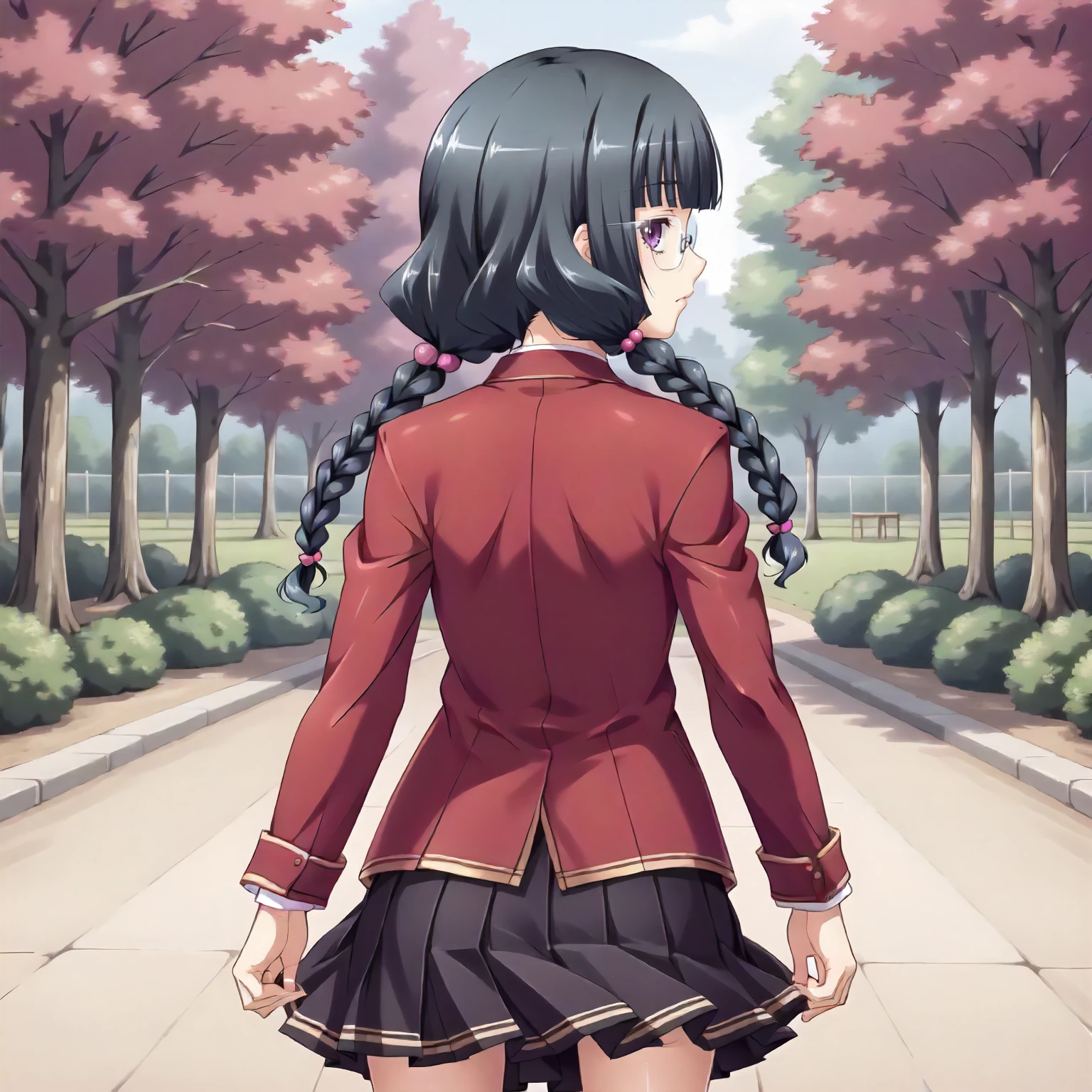 <lora:SDG_MitsukiFujigayaXLpony001>,
outdoors,nature,
solo,
MitsukiFujigaya,1girl,black hair,twin braids,hair bobbles,purple eyes,eyewear,
school_uniform,red jacket,
pleated_skirt,
standing,looking back,