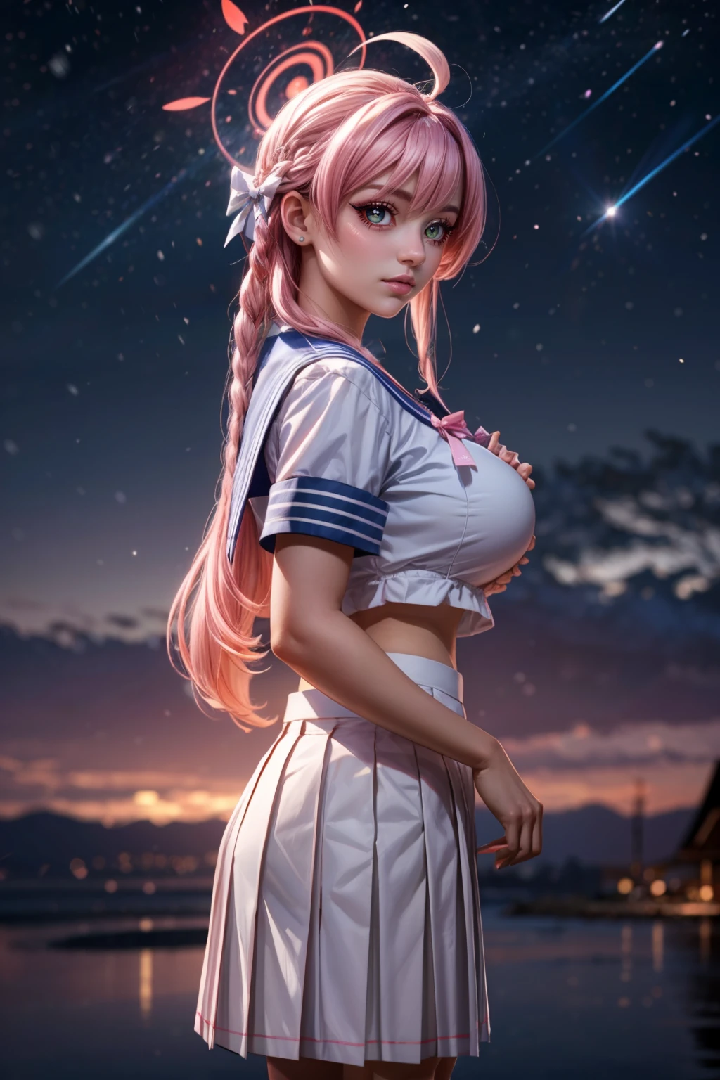 (ultra realistic,32k, masterpiece:1.2),(high detailed skin:1.1),( high quality:1.1), <lora:IllyasvielVonEinzbern_v1:0.7>, zzIllya, looking at viewer, night, outdoors, snowing, sky, BREAK,   <lora:Hanako_BlueArchive_Citron:0.7>, zzHanako, green eyes, pink hair, long hair, braid, halo, ahoge, large breasts, bow, white skirt, blue sailor collar, pink bow, pleated skirt, white serafuku,     BREAK,  blooming stars, luminescent petals, otherworldly fragrance blurry background, (looking at viewer, standing:1.1), huge breast, large breast, <lora:add_detail:0.92>, (glowwave:1.1),