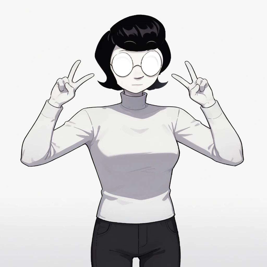 score_9_up, score_8_up, BREAK, SusanHeffley, 1girl, solo, short hair, black hair, white skin, round eyewear, opaque glasses, white turtleneck, black pants, cowboy shot,  <lora:SusanHeffley_PXL_Leaf1:1>, white background, double v,