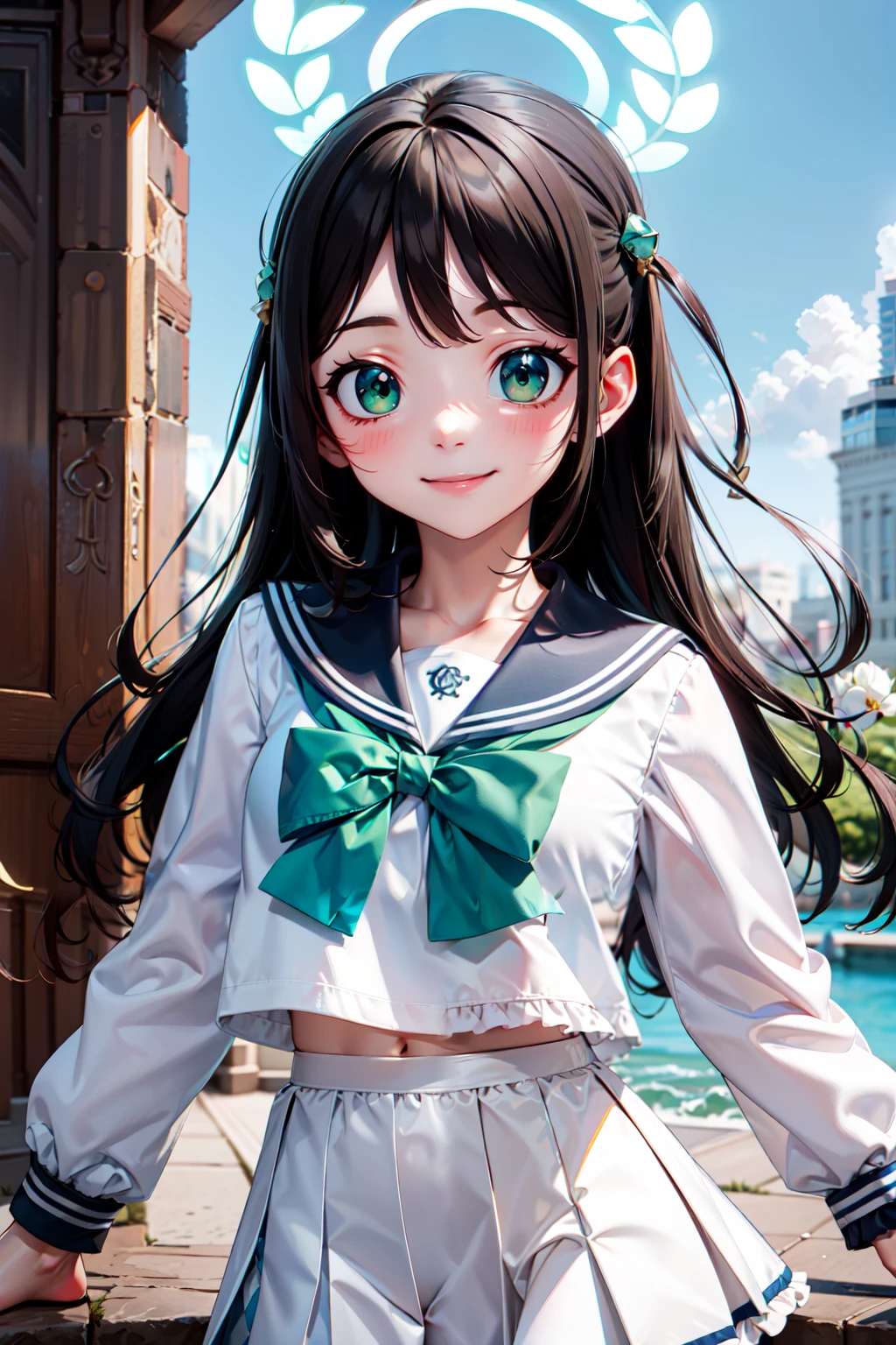 (masterpiece), <lora:Beautiful_CAT_v3:0.8>, best quality, high resolution, highly detailed, perfect lighting,  , <lora:Airi_BlueArchive_Citron:0.8>, zzAiri, green eyes, brown hair, long hair, hair ornament, halo white serafuku, blue sailor collar, green bow,, upper body , solo, smiling, looking at viewer,, BREAK, hip to the side, contrapposto, cowboy shot,